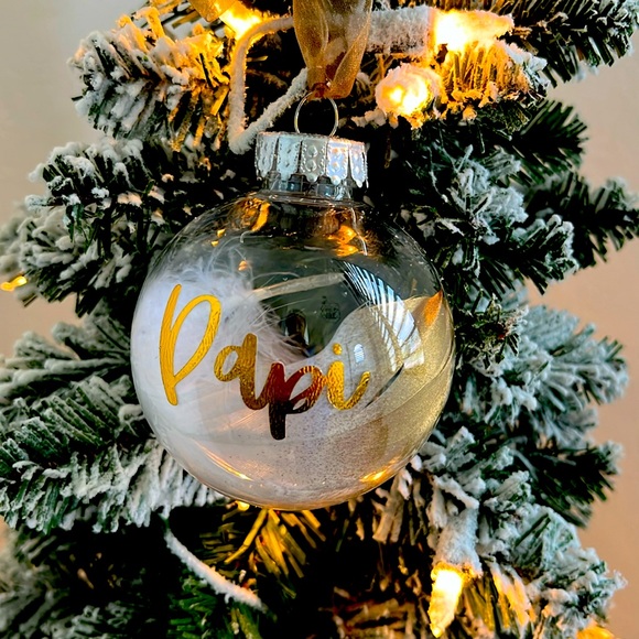 Clear ornaments personalized. White feather to symbolize angel wings. - Picture 1 of 2